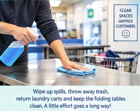 At the laundromat, clean up after yourself. It is good etiquette