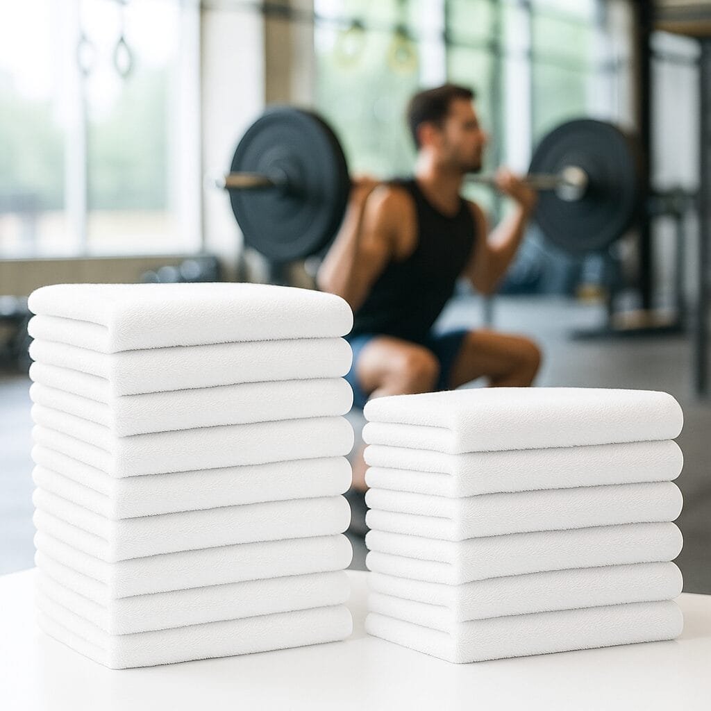 Fresh gym towels professionally cleaned by Tubs and Tumblers commercial laundry service