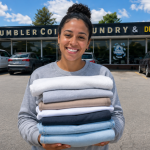 Happy customer holding freshly folded laundry