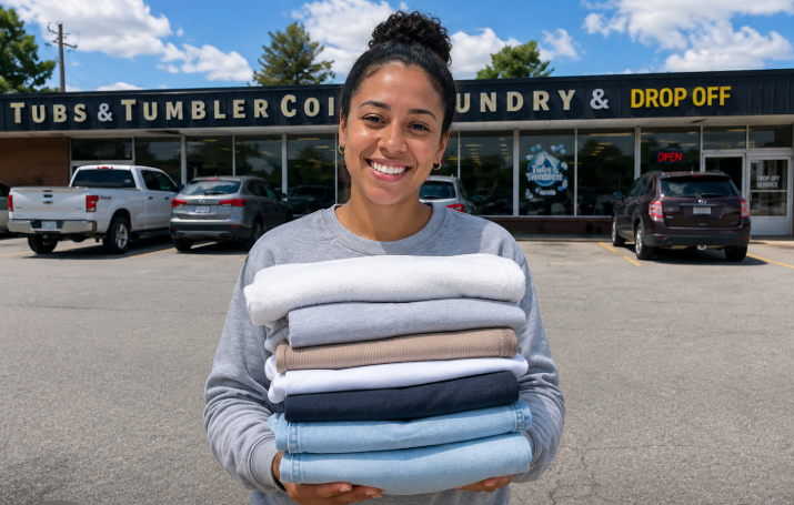 Happy customer holding freshly folded laundry