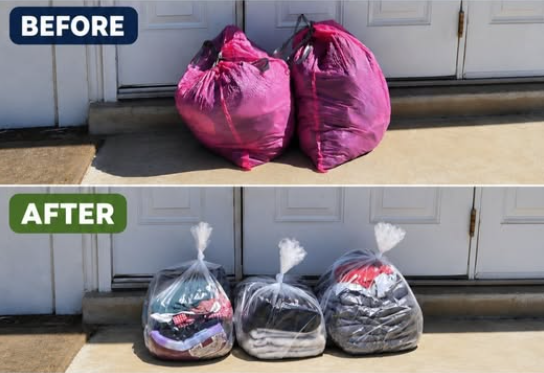 Laundry bags before and after scheduled pickup at a Wayne Michigan home